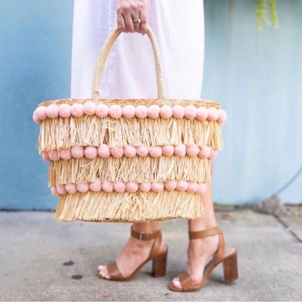 Chic Straw Tote with Pink Accents